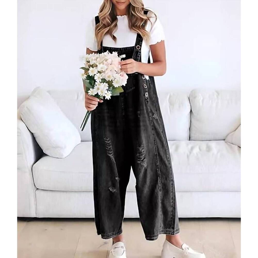 NEW ROSA CLOTHING southern country distressed washed denim overall in black